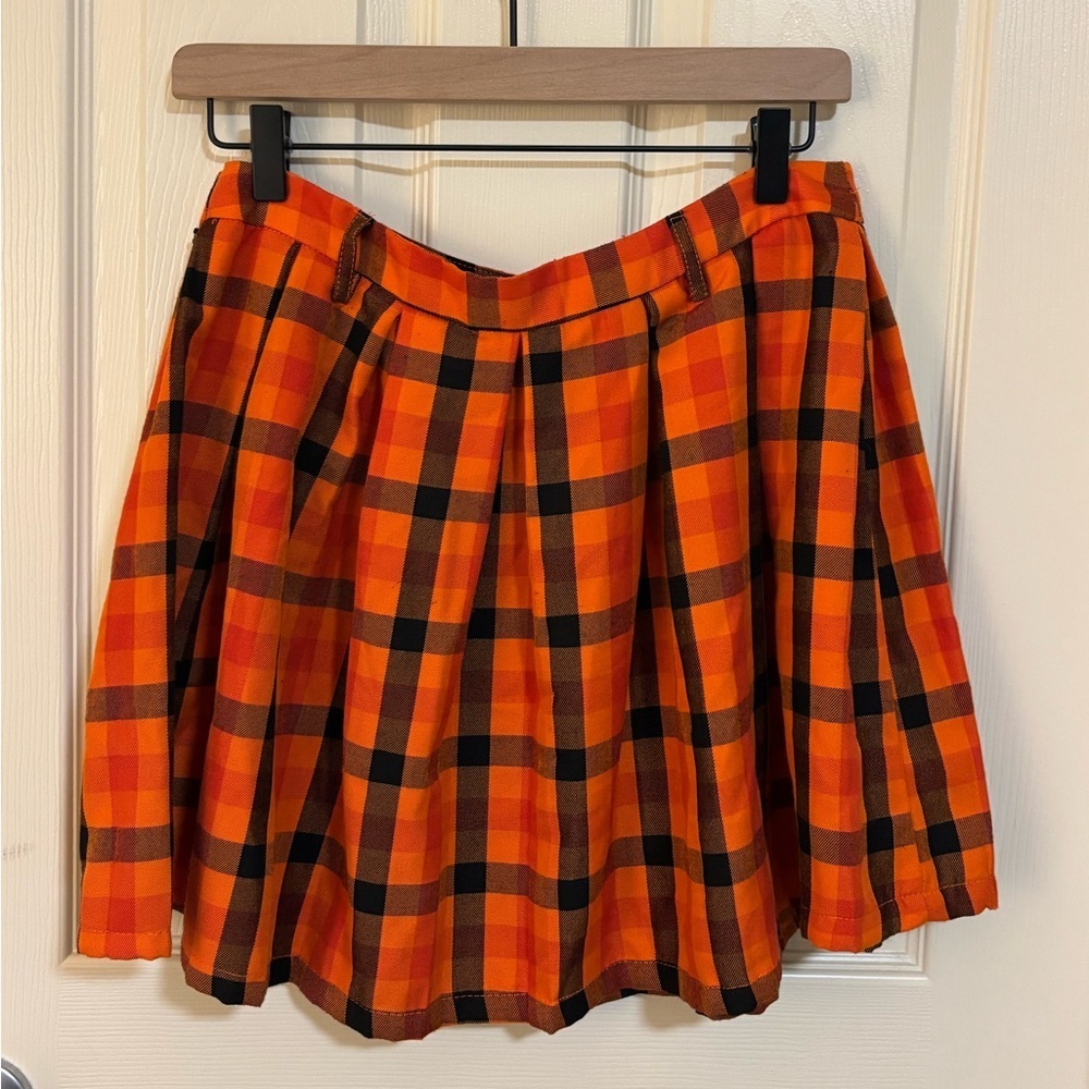 Hot Topic Plaid Skirt Pleated Orange Black Punk Goth Schoolgirl Cosplay Lined - Picture 7 of 8
